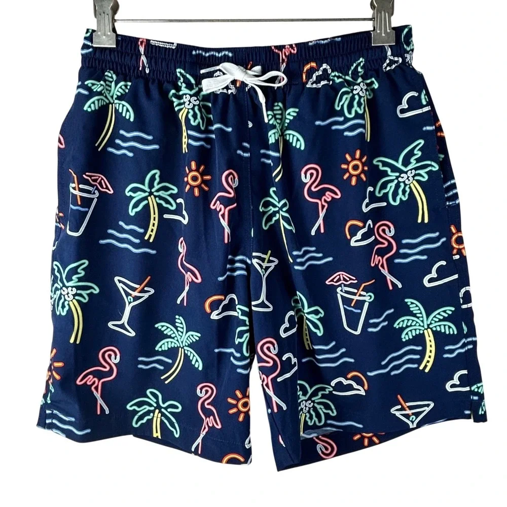 Chubbies Mens Neon Lights Flamingo Swim Trunks Navy Blue‎ 7 Inch Inseam Small